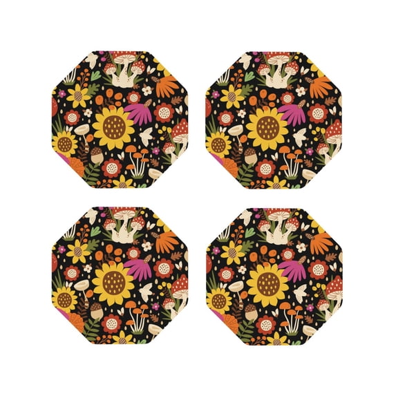 Pofeuu Sunflowers Mushrooms Print Coasters for Drinks, 4Pack PU Leather Coasters, Bar Drink Coasters for Tabletop Protection, Furniture from Damage-Octagon