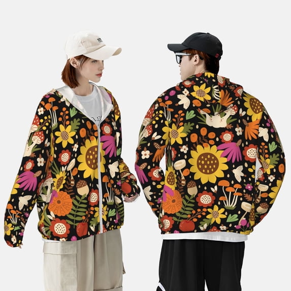 Pofeuu Sunflowers Mushrooms Print Sun Protection Outdoor Lightweight Full Zip UV Cooling Hoodie Long Sleeve Summer Clothing for Outdoor Hiking-Medium