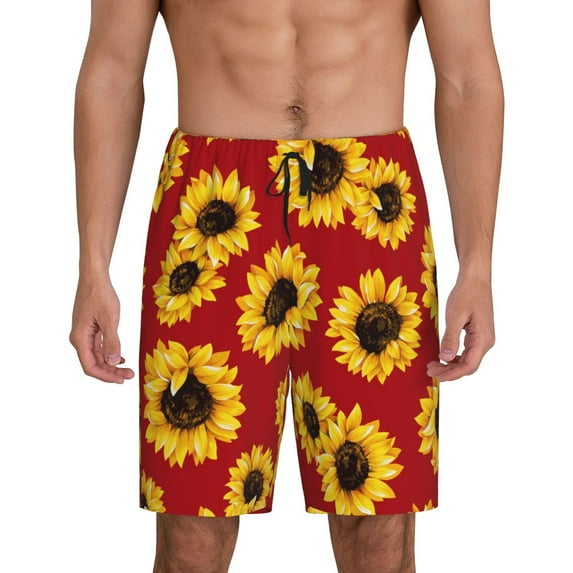 Pofeuu Sunflowers On Red Print Men's Soft Woven Elastic Waistband Sleep Pajama Short-Small