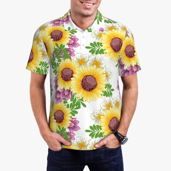 Pofeuu Sunflowers Print Men's Loose Fit Midweight Short-Sleeve Pocket Polo-X-Large
