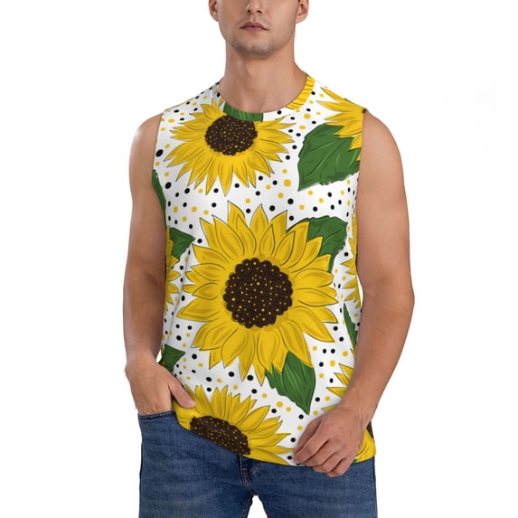 Pofeuu Sunflowers Print Men's Muscle T-Shirt, Sleeveless, Muscle Tank, Classic Muscle Tee Top For Men Casual Sleeveless Muscle T-Shirt Trendy Clothes-