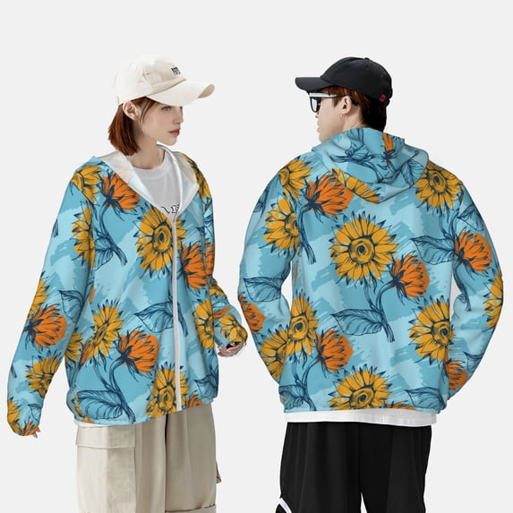 Pofeuu Sunflowers Print Sun Protection Outdoor Lightweight Full Zip UV Cooling Hoodie Long Sleeve Summer Clothing for Outdoor Hiking-X-Large