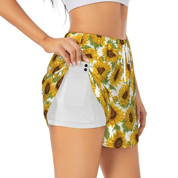 Pofeuu Sunflowers Print Women's Athletic Shorts Running Workout Shorts Tummy Control Quick Dry Gym Shorts with Pockets Double layer sports shorts-Medium