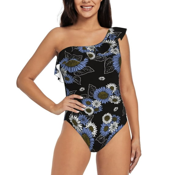 Pofeuu Sunflowers Print Women's One Piece Swimsuits One Shoulder Swimwear Asymmetric Ruffle Monokinis Bathing Suits-Medium