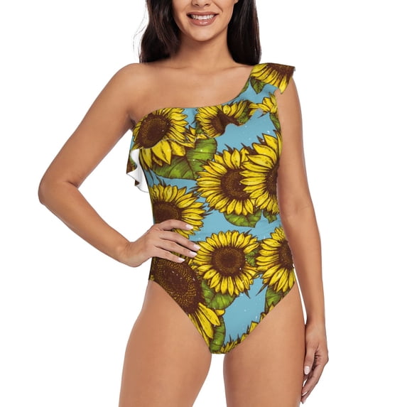 Pofeuu Sunflowers Print Women's One Piece Swimsuits One Shoulder Swimwear Asymmetric Ruffle Monokinis Bathing Suits-Small