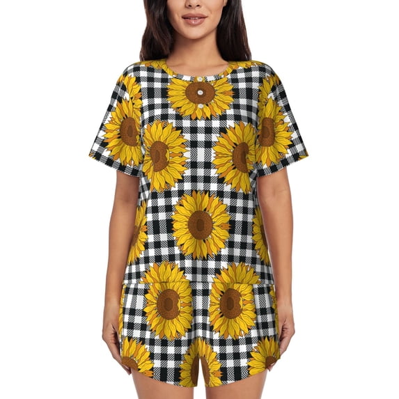Pofeuu Sunflowers Print Women's Pajama Set Short/Shorts Soft Button PJs Elastic Drawstring Waist Sleepwear-X-Large