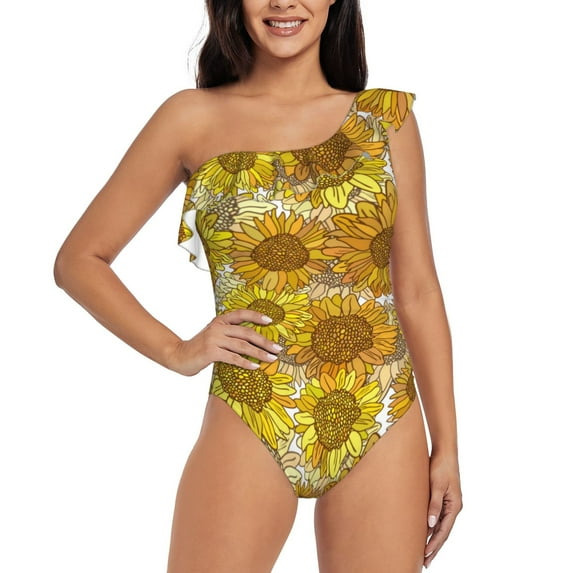 Pofeuu Sunflowers1 Print Women's One Piece Swimsuits One Shoulder Swimwear Asymmetric Ruffle Monokinis Bathing Suits-Large