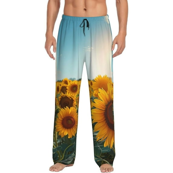 Pofeuu Sunlit Sunflower Field Print Men's Pajama Pants, Soft Lounge Pajama Pants with big pockets for Men Plaid Pj Bottoms-XX-Large