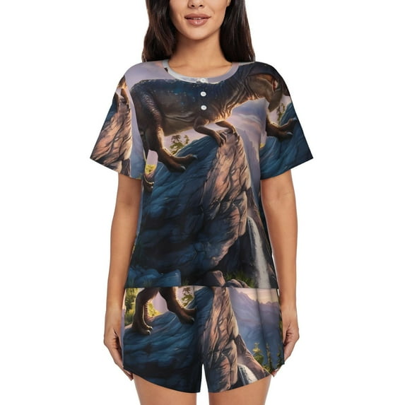 Pofeuu Sunset Cliff Dinosaur Print Women's Pajama Set Short/Shorts Soft Button PJs Elastic Drawstring Waist Sleepwear-X-Large