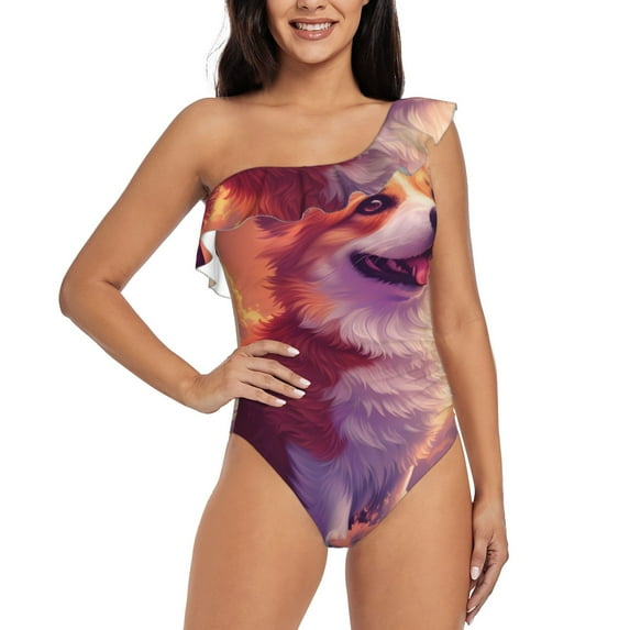 Pofeuu Sunset Cloud Corgi Print Women's One Piece Swimsuits One Shoulder Swimwear Asymmetric Ruffle Monokinis Bathing Suits-Large