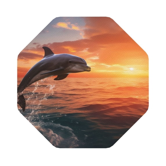 Pofeuu Sunset Dancing Dolphin B Print Leather Coasters Set of 6, Round Cups Mugs Mat Pad for Home Kitchen Heat Resistant Drink Coasters,Octagon