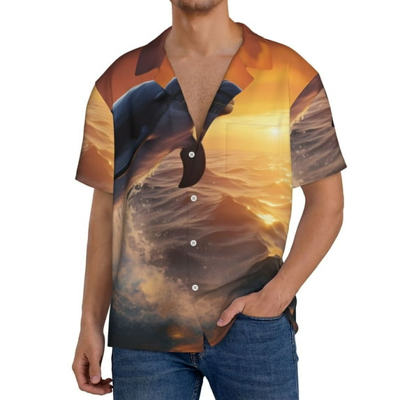 Pofeuu Sunset Dancing Dolphin Print Mens Casual Short Sleeve Shirts Beach Summer Spread Collar Pocket Tops Men's Casual Short-sleeved Shirt-Medium