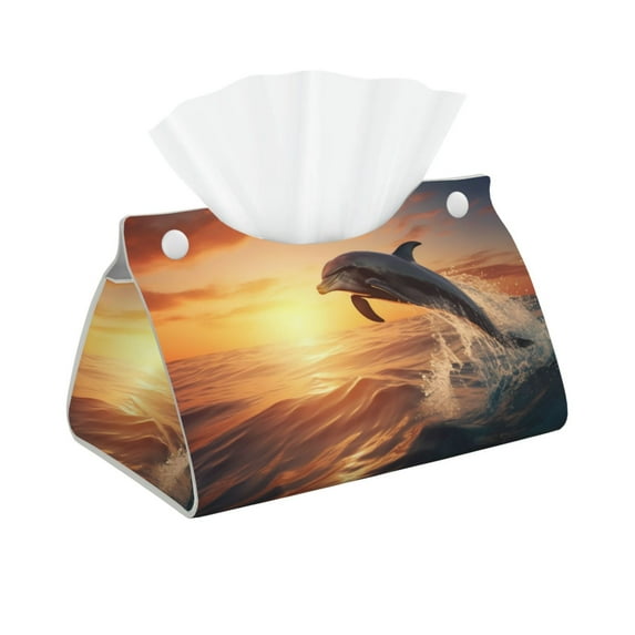 Pofeuu Sunset Dancing Dolphin A Print Tissue Box Cover, Modern Decorative PU Leather Rectangular Tissue Box Case Organizer Holder for Vanity Countertop, Night Stands, Livingroom