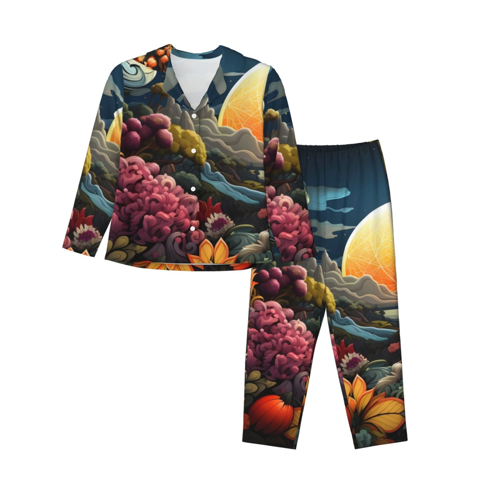 Pofeuu Sunset Floral Fantasy Landscape Print Womens Pajamas Set Long ...