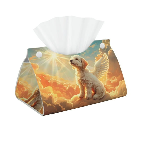 Pofeuu Sunshine Golden Cloud Dog Print Tissue Box Cover, Modern Decorative PU Leather Rectangular Tissue Box Case Organizer Holder for Vanity Countertop, Night Stands, Livingroom