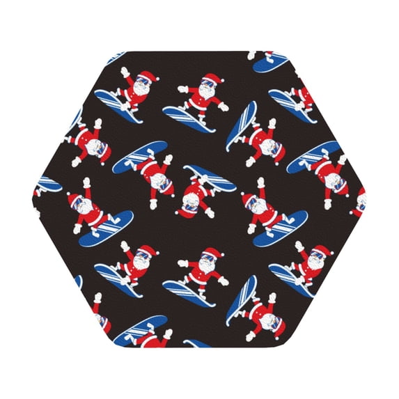 Pofeuu Surfing Santa Print Leather Coasters Set of 6, Round Cups Mugs Mat Pad for Home Kitchen Heat Resistant Drink Coasters,Hexagon