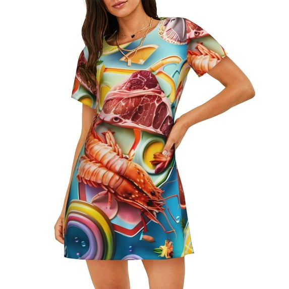 Pofeuu Surreal Seafood Extravaganza Print Women's Loose Fit Short Sleeve Nightgown, Comfortable Sleep Dress for Women, Casual Lounge Sleepwear, Soft Cotton Sleep Dress