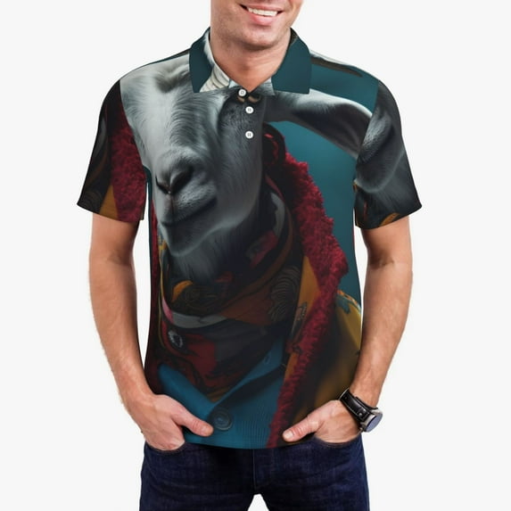 Pofeuu Surrealist Goat Print Men's Loose Fit Midweight Short-Sleeve Pocket Polo-X-Large