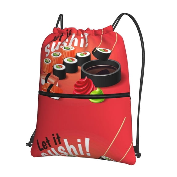Pofeuu Sushi Print Drawstring Backpack Water Resistant String Bag Sports Sackpack Gym Sack with Side Pocket for Men Women