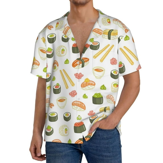 Pofeuu Sushi and Rolls Print Mens Casual Short Sleeve Shirts Beach Summer Spread Collar Pocket Tops Men's Casual Short-sleeved Shirt-XX-Large