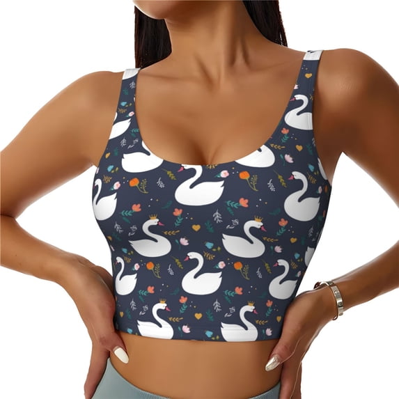 Pofeuu Swan And Flowers1 Print Sports Bra for Women Sexy Vest Yoga Running Gym Fitness Crop Bras Tops-Medium