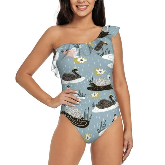 Pofeuu Swan Princess On Lake Print Women's One Piece Swimsuits One Shoulder Swimwear Asymmetric Ruffle Monokinis Bathing Suits-Large