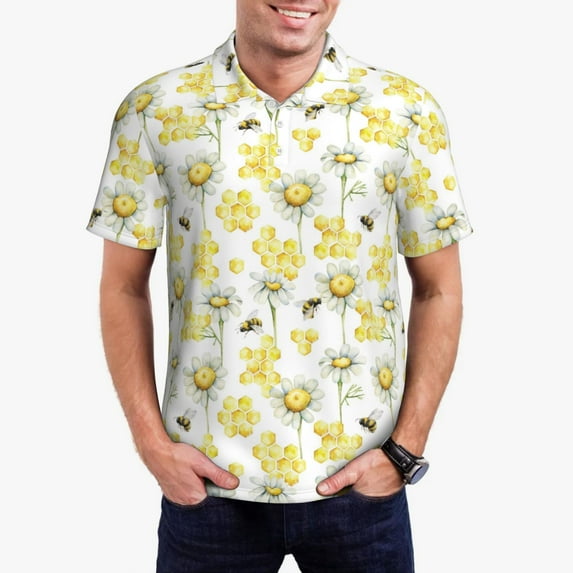 Pofeuu Sweet Honey Print Men's Loose Fit Midweight Short-Sleeve Pocket Polo-Large
