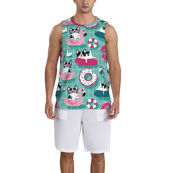 Pofeuu Swimming Bulldog Print Basketball Jersey, Shirts for Men Youth Basketball Jersey Crew Neck-Small