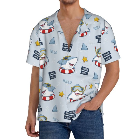 Pofeuu Swimming Shark Print Mens Casual Short Sleeve Shirts Beach Summer Spread Collar Pocket Tops Men's Casual Short-sleeved Shirt-Small