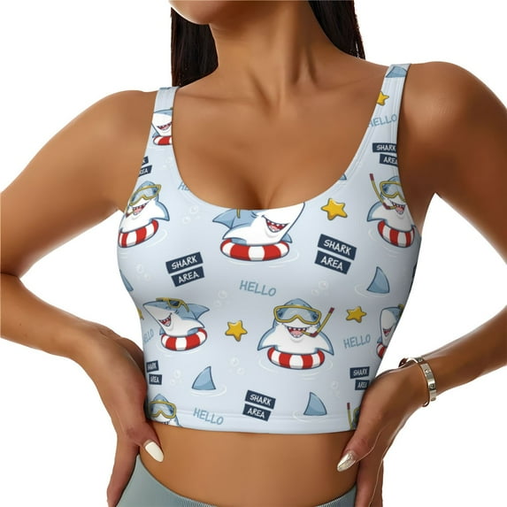 Pofeuu Swimming Shark Print Sports Bra for Women Sexy Vest Yoga Running Gym Fitness Crop Bras Tops-Large