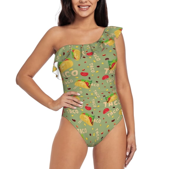 Pofeuu Taco Print Women's One Piece Swimsuits One Shoulder Swimwear Asymmetric Ruffle Monokinis Bathing Suits-Medium