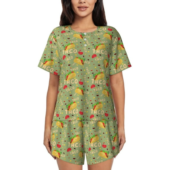Pofeuu Taco Print Women's Pajama Set Short/Shorts Soft Button PJs Elastic Drawstring Waist Sleepwear-Large