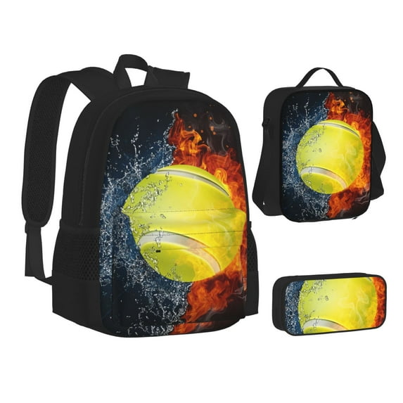 Pofeuu Tennis Ball In Fire And Water Print Backpack Travel Backpacks With Lunch Bag Pencil Bag Set 3 pcs Set Cartoon Backpack