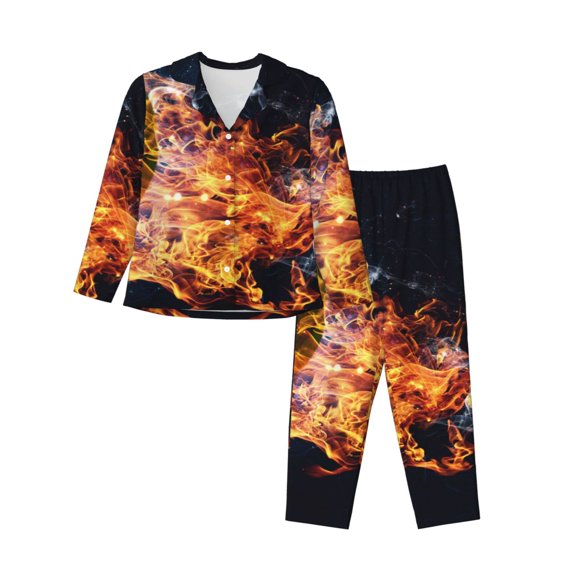 Pofeuu Tennis Ball In Fire1 Print Womens Pajamas Set Long Sleeve Sleepwear Button Down Nightwear Soft Pj Lounge Sets Button Down Pajamas Women-Large