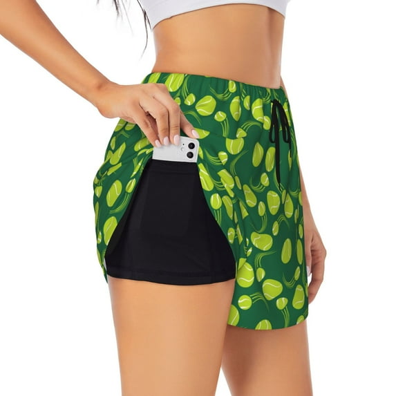 Pofeuu Tennis Balls Print Women's Athletic Shorts Running Workout Shorts Tummy Control Quick Dry Gym Shorts with Pockets Double layer sports shorts-X-Large