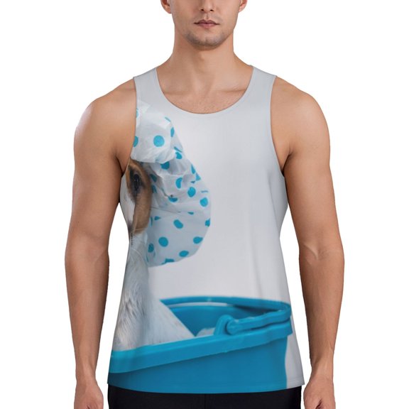 Pofeuu Terrier Takes A Bath With Shower Cap Print Men's Workout Tank Tops Sleeveless Muscle Gym Shirt Quick Dry-Small