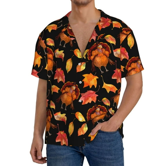 Pofeuu Thanksgiving Turkey 1 Print Mens Casual Short Sleeve Shirts Beach Summer Spread Collar Pocket Tops Men's Casual Short-sleeved Shirt-Small