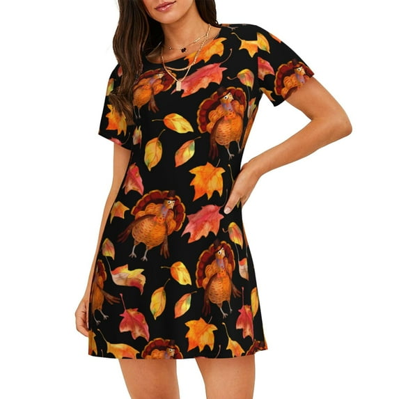 Pofeuu Thanksgiving Turkey 1 Print Women's Loose Fit Short Sleeve Nightgown, Comfortable Sleep Dress for Women, Casual Lounge Sleepwear, Soft Cotton Sleep Dress