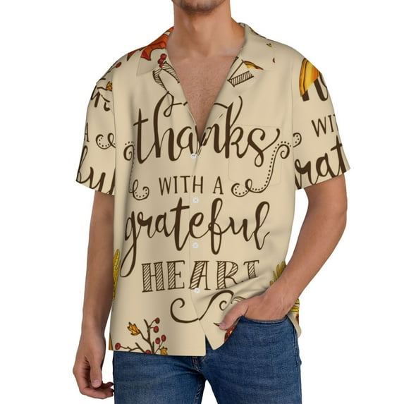 Pofeuu Thanksgiving With A Grateful Heart Print Mens Casual Short Sleeve Shirts Beach Summer Spread Collar Pocket Tops Men's Casual Short-sleeved Shirt-Large