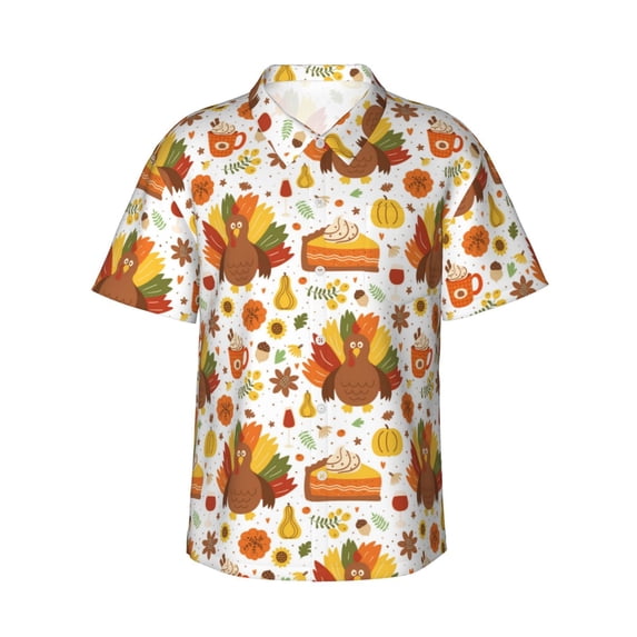 Pofeuu Thanksgiving With Turkey Print Hawaiian Shirt for Men Sleeves Casual Button Down Summer Beach Dress Shirts T-Shirts,Large