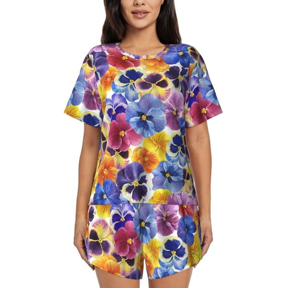 Pofeuu The Garden Tricolor Pansy Flower Print Women's Pajama Set Short/Shorts Soft Button PJs Elastic Drawstring Waist Sleepwear-Small