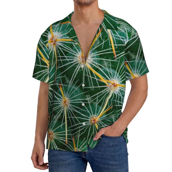 Pofeuu Thorns Of Macro Cactus Print Mens Casual Short Sleeve Shirts Beach Summer Spread Collar Pocket Tops Men's Casual Short-sleeved Shirt-3X-Large