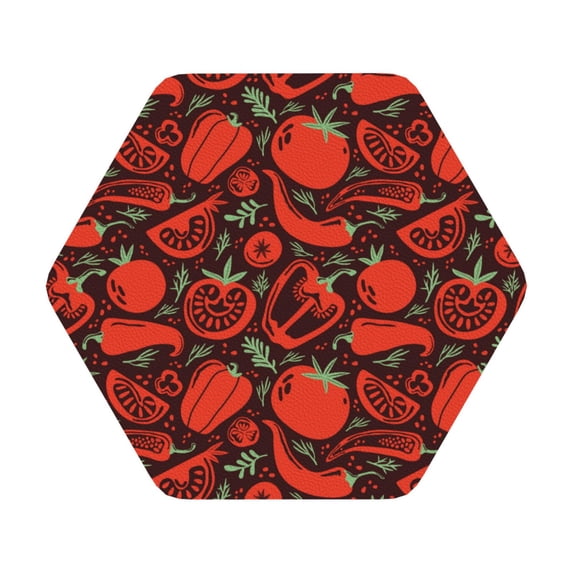 Pofeuu Tomatoes And Chili Print Leather Coasters Set of 6, Round Cups Mugs Mat Pad for Home Kitchen Heat Resistant Drink Coasters,Hexagon