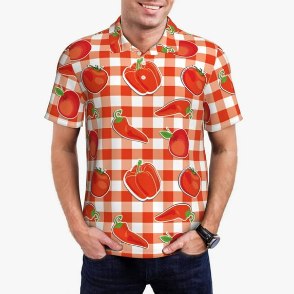 Pofeuu Tomatoes And Chili Print Men's Loose Fit Midweight Short-Sleeve Pocket Polo-4X-Large