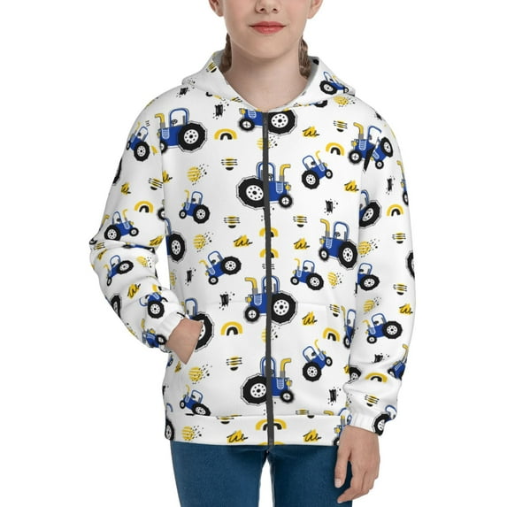 Pofeuu Tractor And Vehicle Print Teenage Zipper Hoodie Sweatshirts Hooded Casual Jackets With Pocket For Boys Girls-Medium