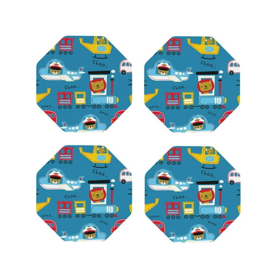 Pofeuu Transportations With Cute Animals Print Coasters for Drinks, 4Pack PU Leather Coasters, Bar Drink Coasters for Tabletop Protection, Furniture from Damage-Octagon