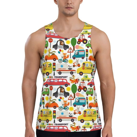 Pofeuu Transports with Animals Print Men's Workout Tank Tops Sleeveless Muscle Gym Shirt Quick Dry-Large