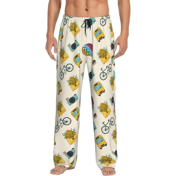 Pofeuu Travel Elements Print Men's Pajama Pants, Soft Lounge Pajama Pants with big pockets for Men Plaid Pj Bottoms-Large