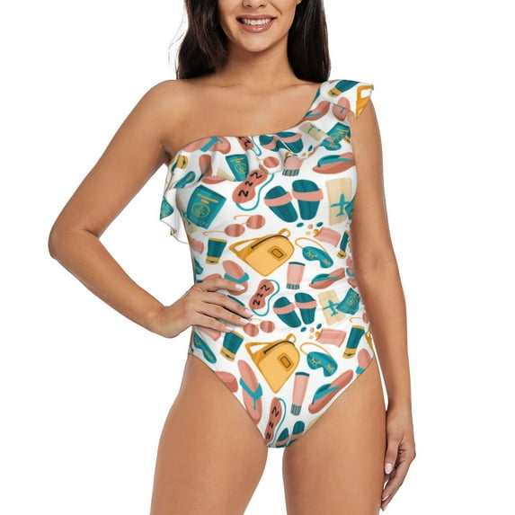 Pofeuu Travel Elements Print Women's One Piece Swimsuits One Shoulder Swimwear Asymmetric Ruffle Monokinis Bathing Suits-XX-Large