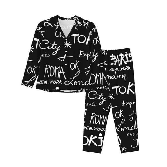 Pofeuu Travel The World Print Womens Pajamas Set Long Sleeve Sleepwear Button Down Nightwear Soft Pj Lounge Sets Button Down Pajamas Women-